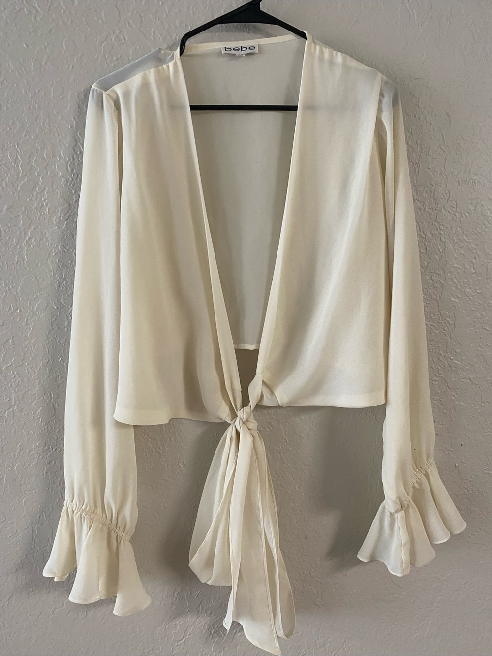 Y2k bebe Cream Tie-Front Long Sleeve Blouse